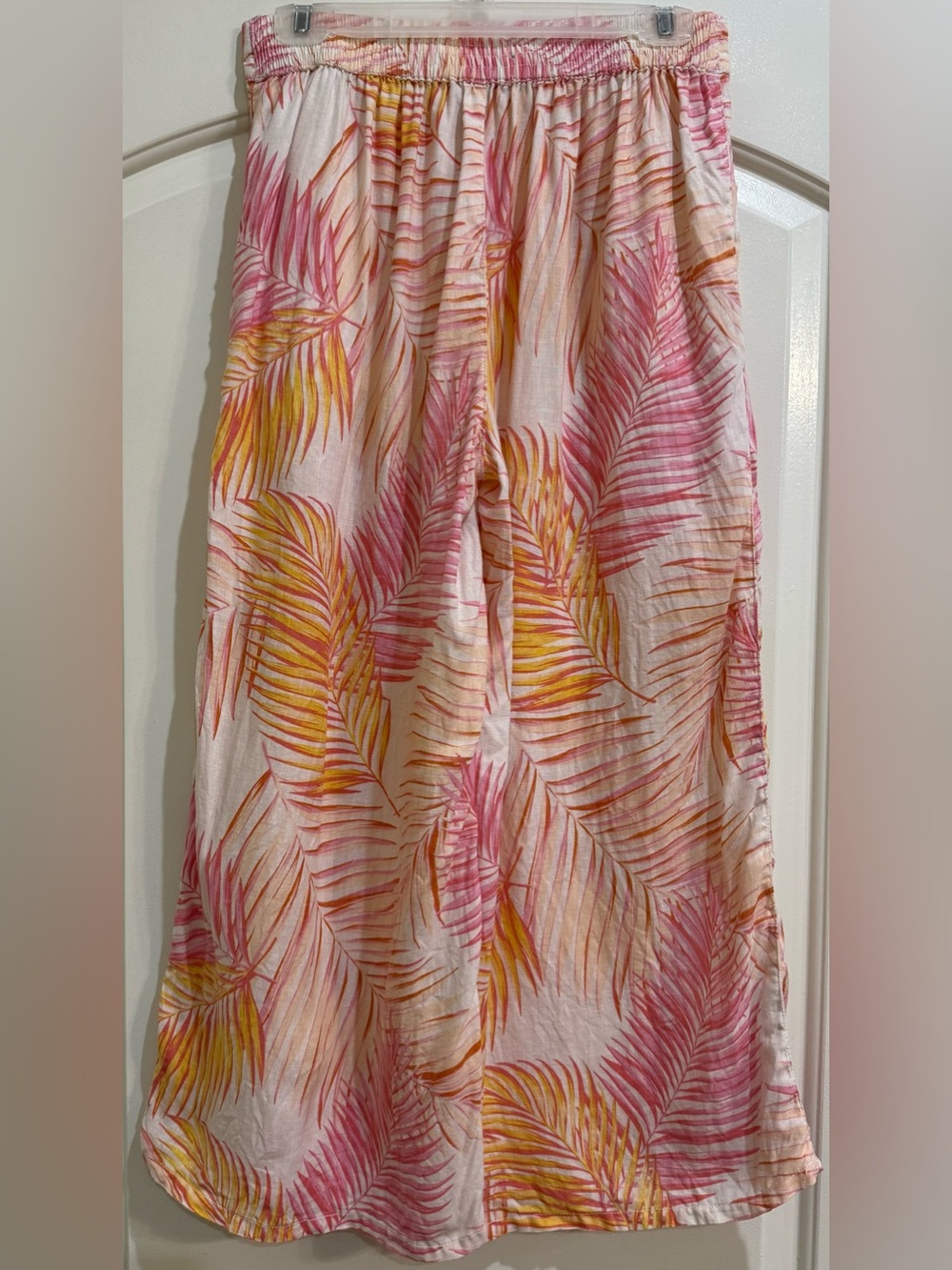 Tahari Linen Wide Leg Pant in Pink, Yellow & White Palm Print Size M - Picture 2 of 7